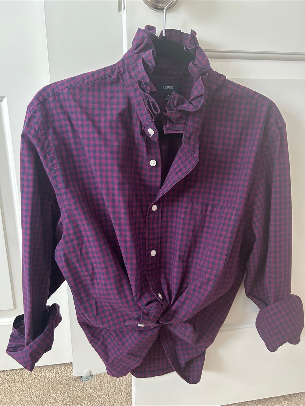 J Crew Purple Check Ruffle Collar Button-Up Shirt
